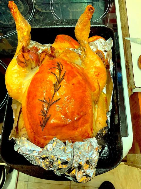 A Roast CHicken emerges from the oven