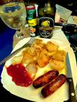 A sausage and chips