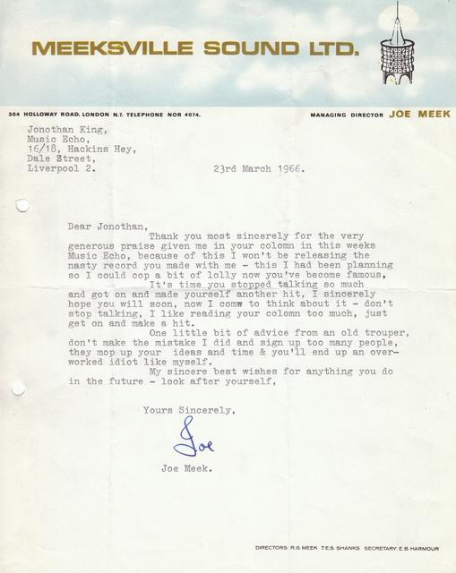 Letter from Joe Meek 1966