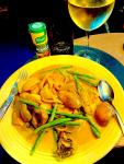 Chicken & Mushroom curry with onions and green beans in a cream sauce.
